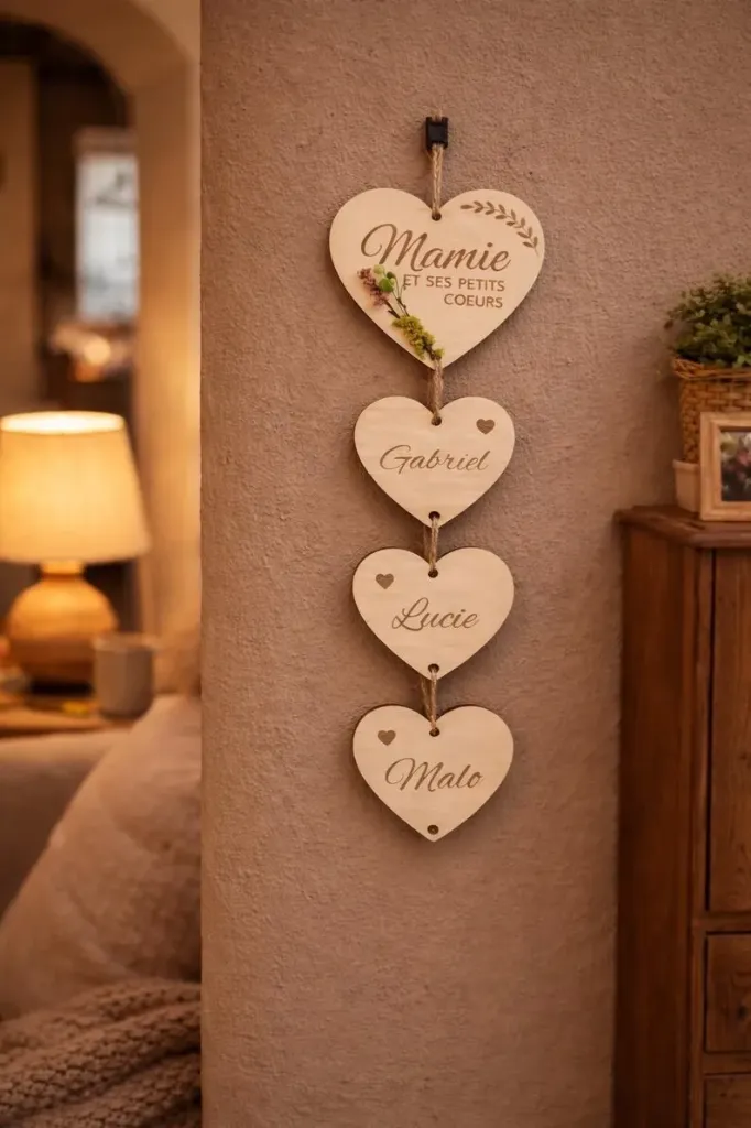 Cœur suspendu en bois personnalisé (Grand cœur + 1 petit)