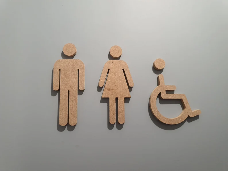 Enseigne toilettes en bois MDF – Hommes / Femmes / PMR (10 cm homme)