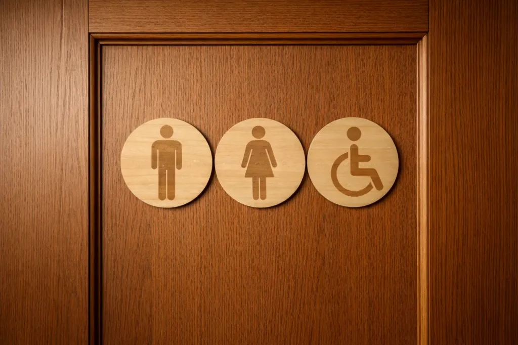 Pictogramme Toilettes en Bois Naturel – Homme / Femme / PMR (Homme)