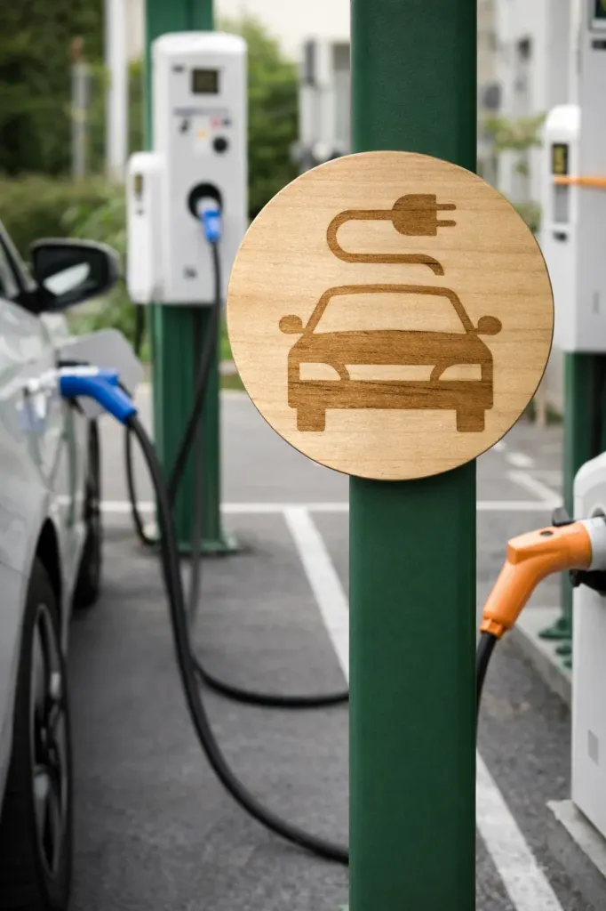 Pictogramme / Enseigne Murale en Bois – Recharge Voiture Électrique
