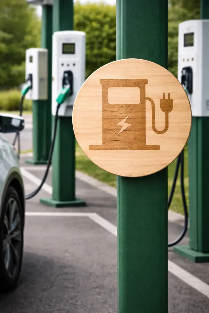 Pictogramme / Enseigne Murale en Bois – Recharge Voiture Électrique (Avec double face)