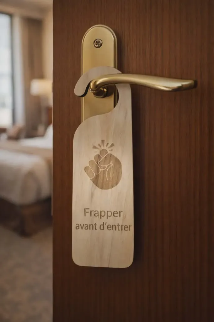 Panneau de porte “Frapper avant d’entrer” en bois de pin