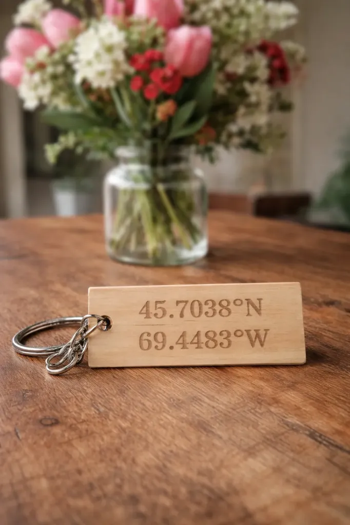 Porte-clé en bois personnalisé – Coordonnées GPS