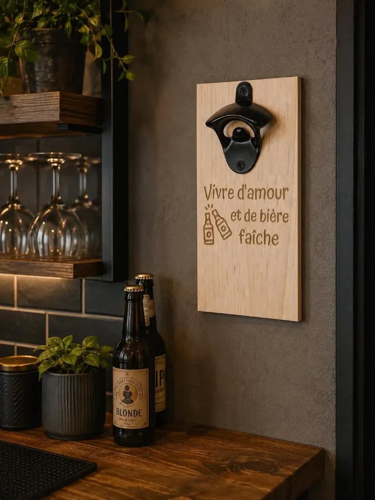 Décapsuleur mural en bois de pin « Vivre d'amour et de bière fraîche »