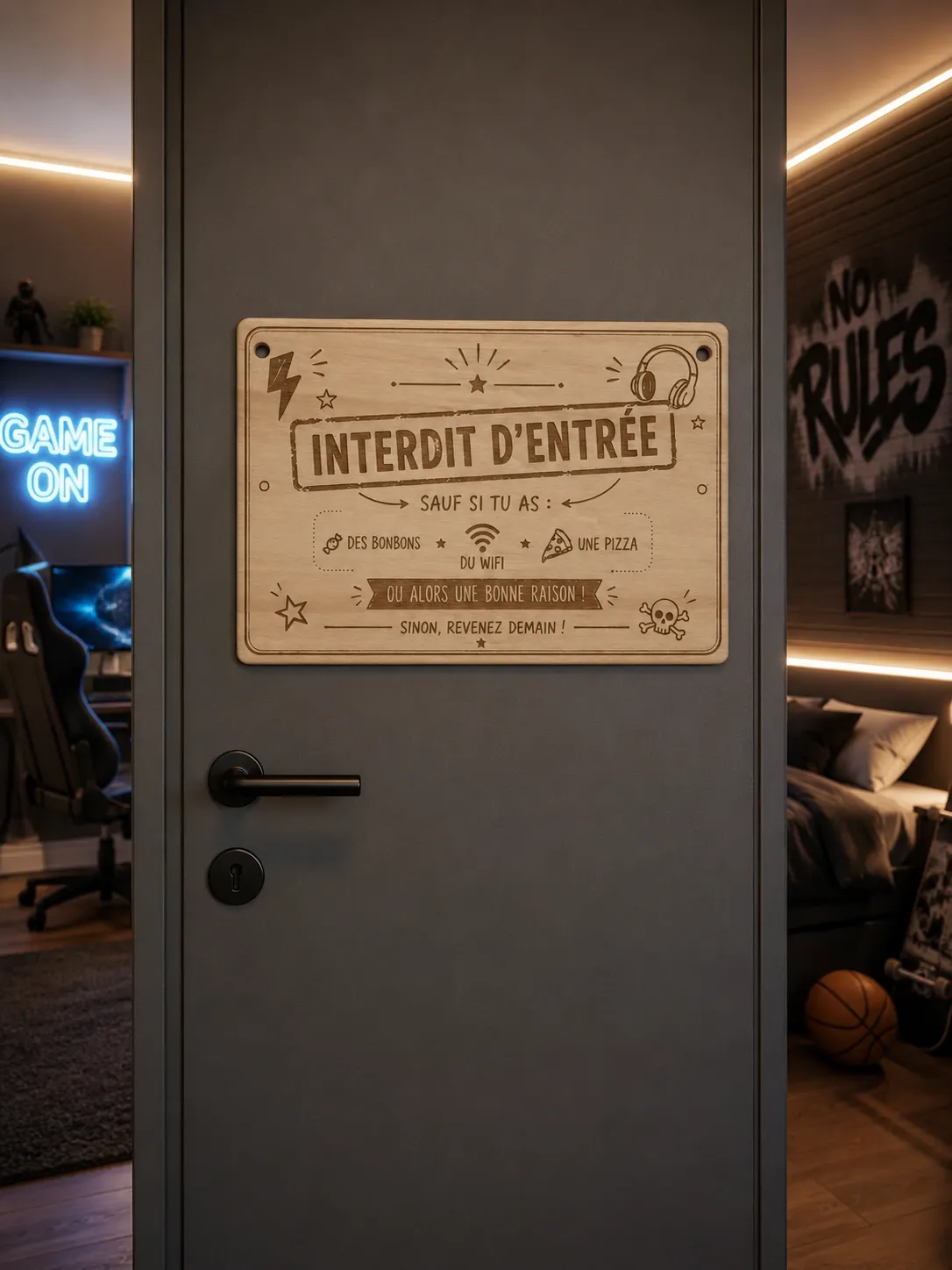 Plaque de porte en bois "Interdit d'entrée"