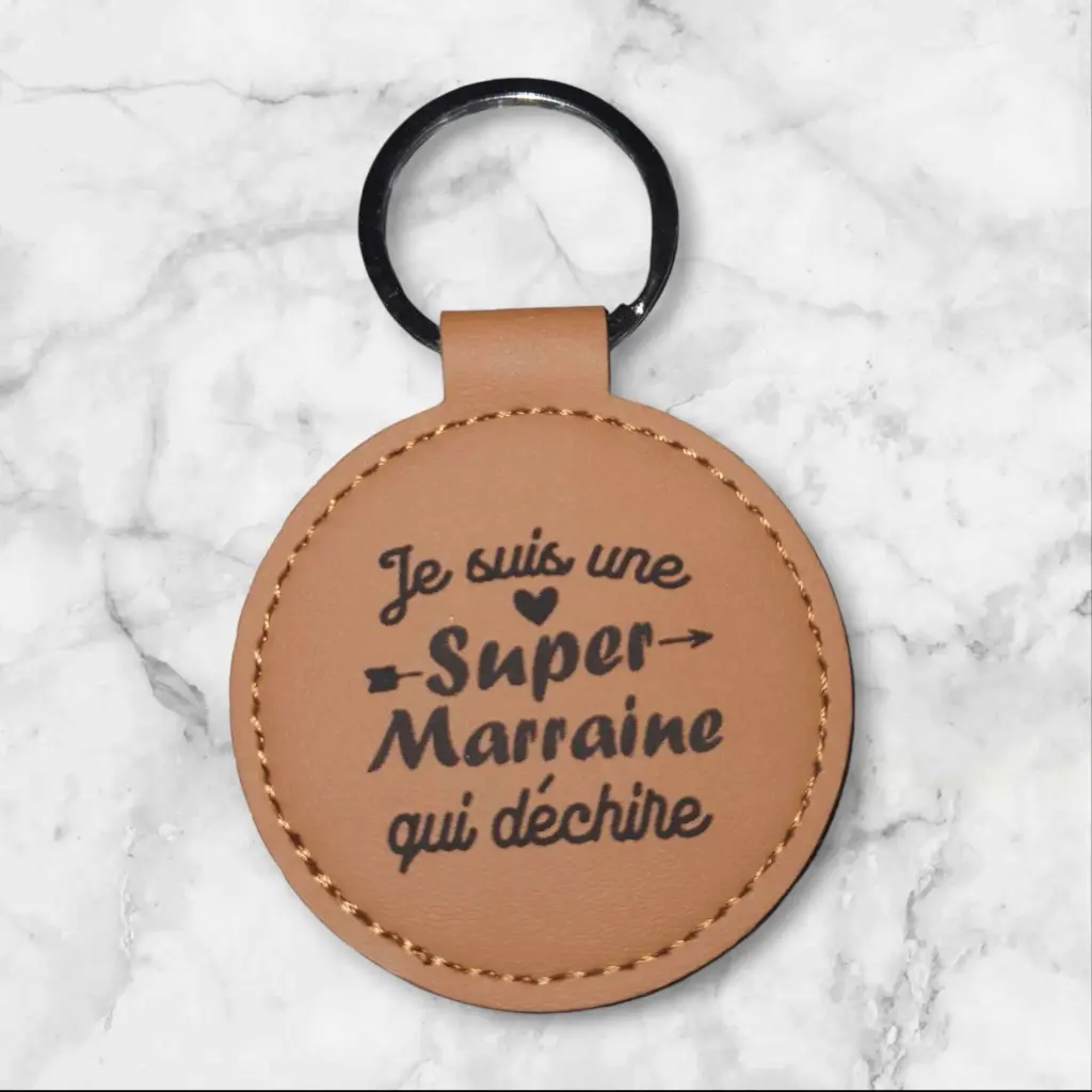 Porte clé cuir "Super marraine"  